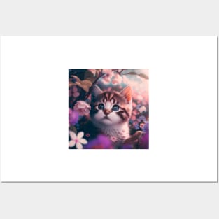 Cute Brown Kitten Floral Background | White, brown and grey cat with blue eyes | Digital art Sticker Posters and Art